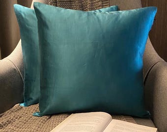 Pack of 2 Turquoise Slub Satin Pillow Cover/ Pillow Sham, Modern Solid Cushion Cover/ Euro Sham - Turquoise Slub Satin