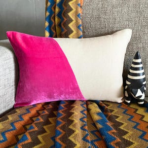 Fuchsia Pink Velvet/Linen Color Block Decorative Lumbar Throw Pillow Cover, Modern Style Sofa/Couch Oblong Cushion Cover -Velutinous Fuchsia