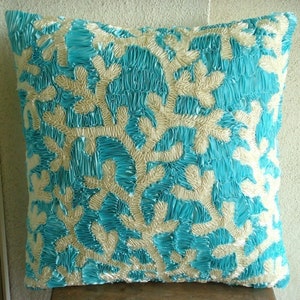 16x16 Handmade Aqua Blue Sofa Cushion Cover, Art Silk Throw Pillow Cover Corals Throw Pillow Case Sea Creatures Beach Aqua Ornate image 5