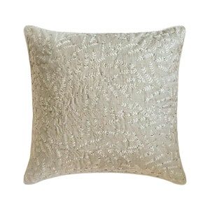 Decorative Throw Pillow Cover 16x16 Inch Grey & Ivory Cotton Linen Embroidered Leaf Pattern Cushion Cover Modern Home Décor - Gossamer Leaf