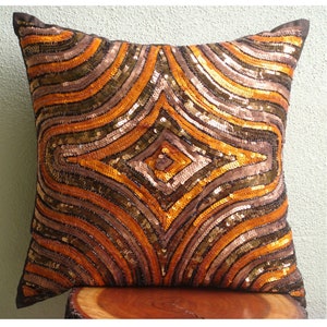 Designer Sequins Pillow Cover 16x16, Art Silk Toss Pillow Cover Orange Toss Cushion Geometric Pattern Art Deco Style Orange Illusion image 6