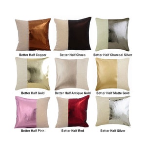 May include: Nine decorative throw pillows with a linen front and a metallic back. The pillows are available in copper, chocolate, charcoal silver, gold, antique gold, matte gold, pink, red, and silver.