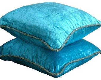 Designer Turquoise Blue Pillow for Sofa 16"x16", Velvet Sofa Cushion Cover Toss Pillows Solid Color Contemporary Style - Turquoise Shimmer