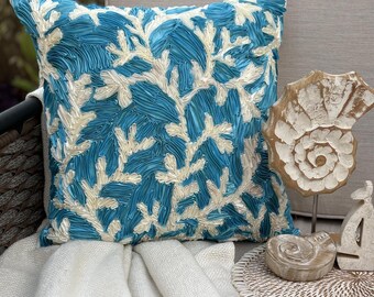 Art Silk Blue Ribbon Embroidered Sea Creature Pattern 24x24 / 26x26 Beach Style Euro Sham - Aqua Ornate