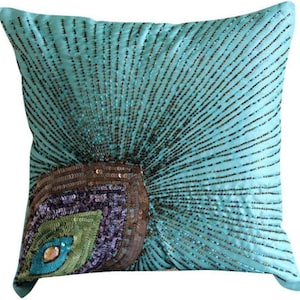 Decorative Aqua Blue European Euro Sham 24&quot;x24&quot;/26&quot;x26&quot;, Art Silk Euro Pillow Sham Peacock Feather, Art Deco Cushion - Peacock Grace