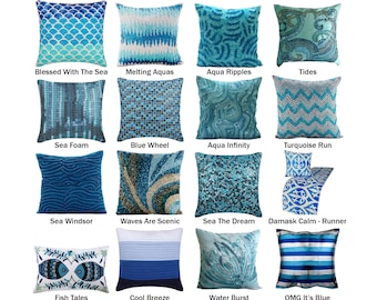 The Ocean Collection Pillow Covers, Aqua Decorative Throw Pillow Cover, Bead, Sequins Ocean, Sea Themed Pillows, Lumbar Pillows, Bed Runner