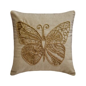 Decorative Pillow Cover 16x16 Inch Gold Beaded Embroidered Butterfly Motif Linen Throw Pillow Cover Modern Cushion Cover Home - Chrysalis