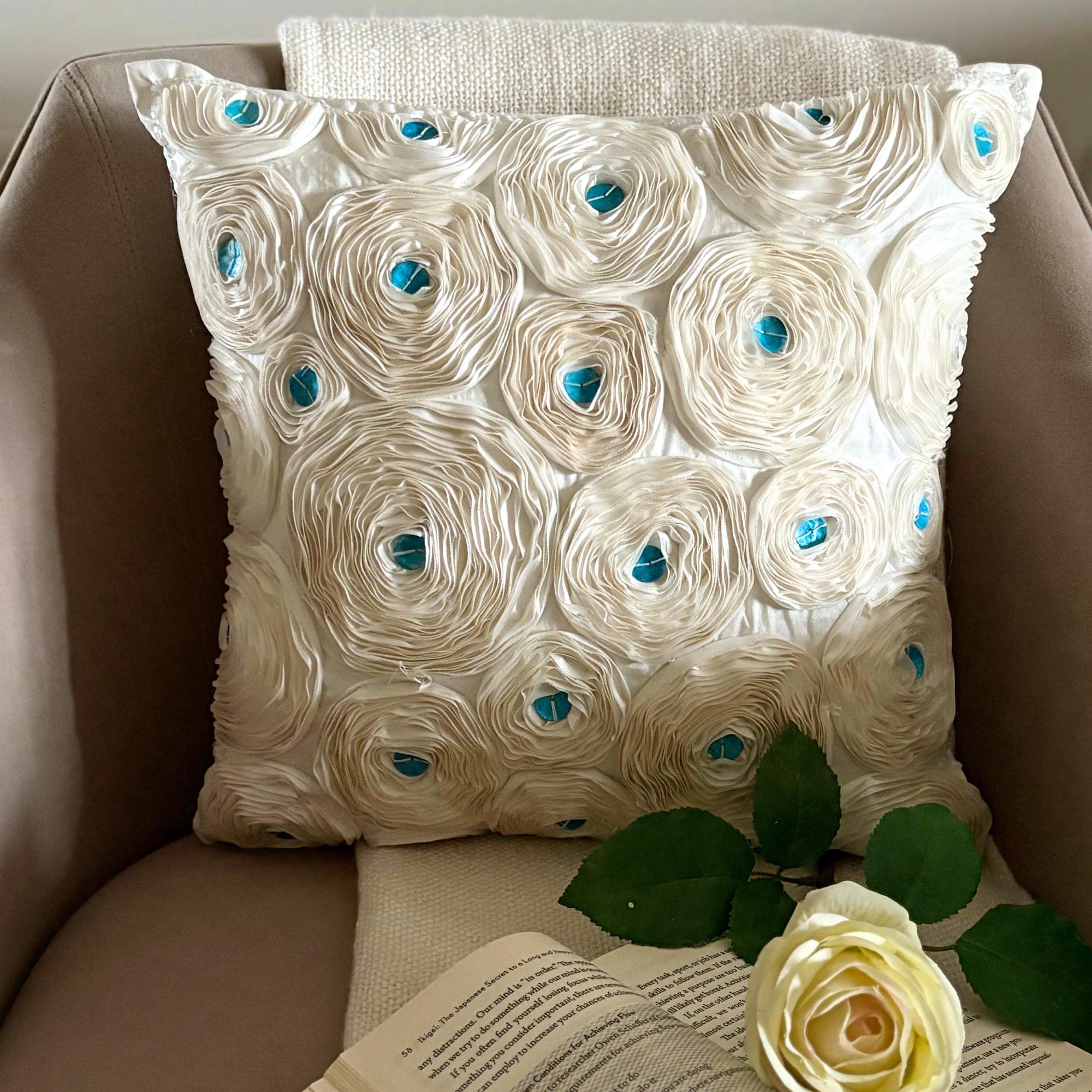 アンティーク雑貨 Edwardian Pillow Sham Art Silk Ribbon Embroidered Ivory Rose Decorative Pillow Sham, 24