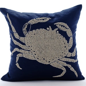 16&quot;x16&quot;  Designer Navy Blue Couch Cushion, Cotton Linen Throw Pillow Cover Crab Cushion Pillow Sea Creatures Beach - Crab At The Shore