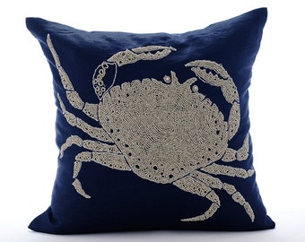 16"x16"  Designer Navy Blue Couch Cushion, Cotton Linen Throw Pillow Cover Crab Cushion Pillow Sea Creatures Beach - Crab At The Shore