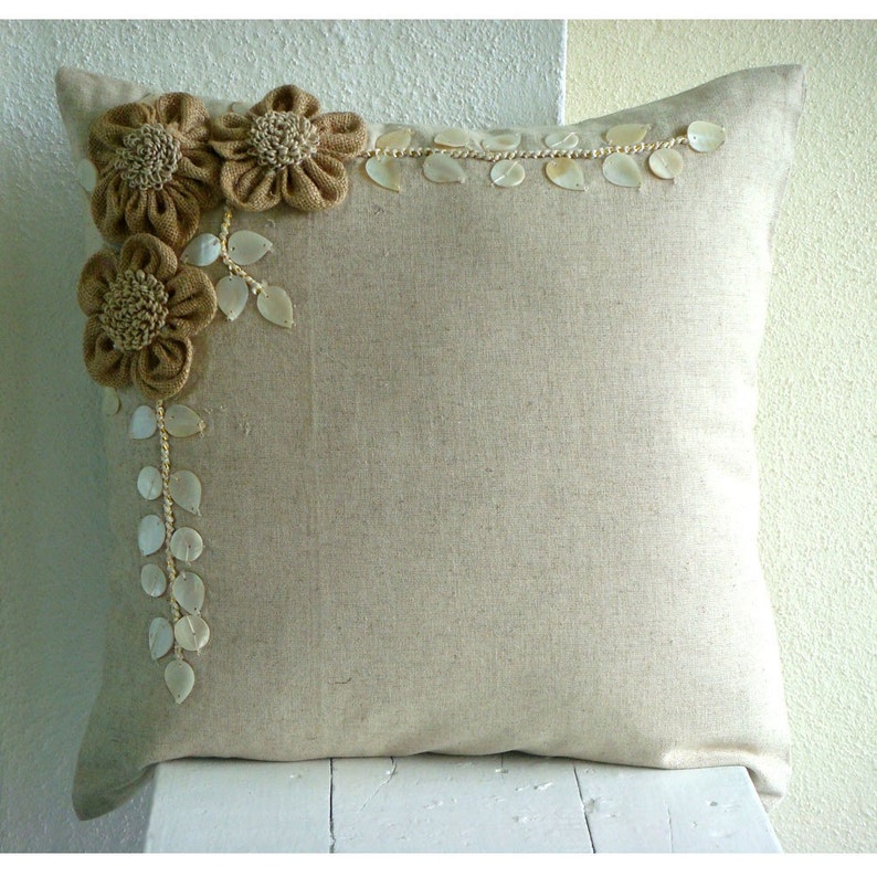 Designer Ecru Throw Pillows Cover For Couch Jute Flowers Etsy