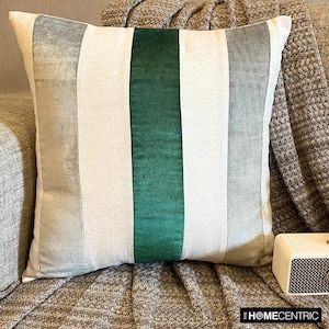 Decorative Throw Pillow Cover 16x16 Inch Velvet & Linen Cushion Cover Emerald Striped Patchwork Modern Home Decor - Velvet Band Emerald