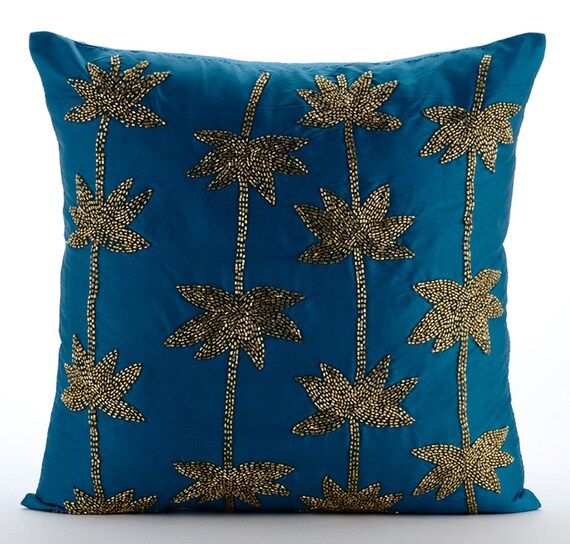 Teal Throw Pillow Covers 20x20 Embroidered Taffeta Decorative Etsy