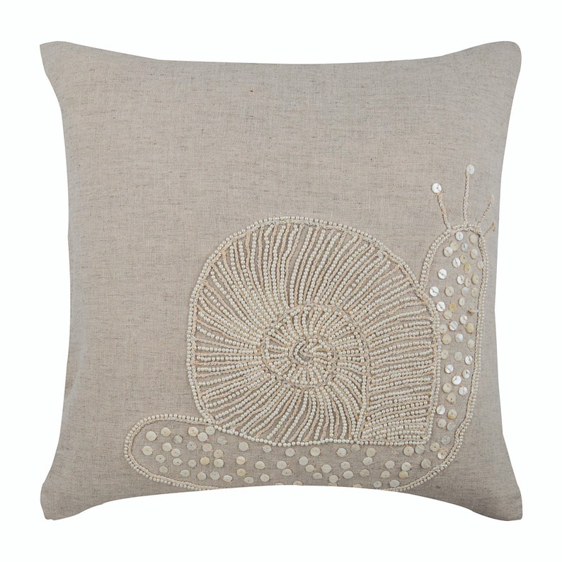 Luxury Beige European Sham 24x24 / 26x26, Cotton Linen Throw Pillow For Bed Snail, Pearls Sofa Cushion Animal Pattern Snail Pearls image 1