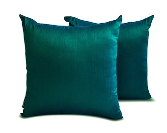 Pack of 2 Green And Blue Art Silk Pillow Covers,Square Throw Pillow Cover,Iridescent Cushion Cover, Plain Pillow Case - Peacock Green Luxury