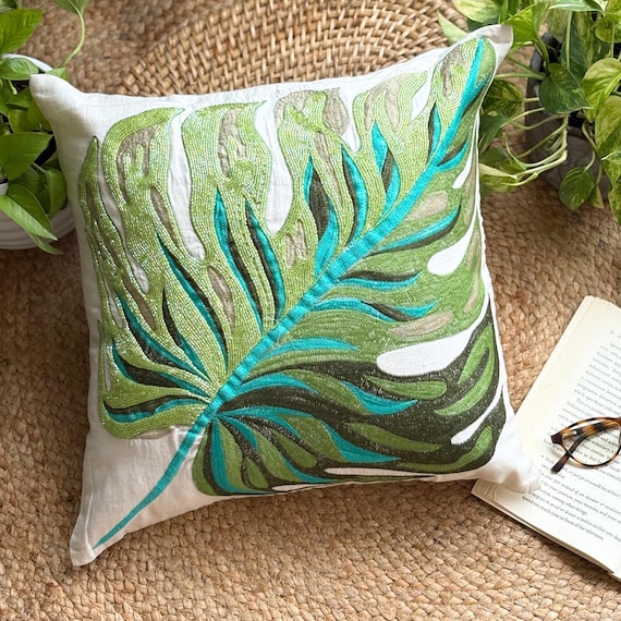 Perlen gestickter Monstera Blatt Leinen tropischer Dekokissenbezug, 16x16  moderner dekorativer Kissenbezug fr Sofa / Couch - Monstera Blatt - Etsy  sterreich