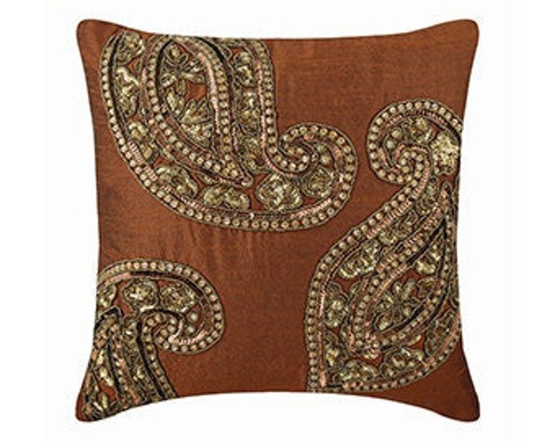 Decorative Orange Throw Pillow Bed 24x24 / 26x26, Art Silk Sofa Pillow Throw Pillow Bed Paisley Pattern Traditional Paisleys image 1