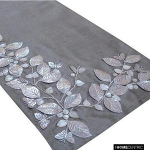 Available in 11 sizes, 14 and 16 inches wide Decorative Table Runner Grey, Silk Beaded, Butterfly Mother Of Pearl, Floral - Butterfly