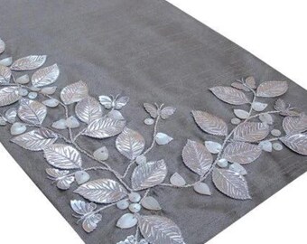 Available in 11 sizes, 14 and 16 inches wide Decorative Table Runner Grey, Silk Beaded, Butterfly Mother Of Pearl, Floral - Butterfly