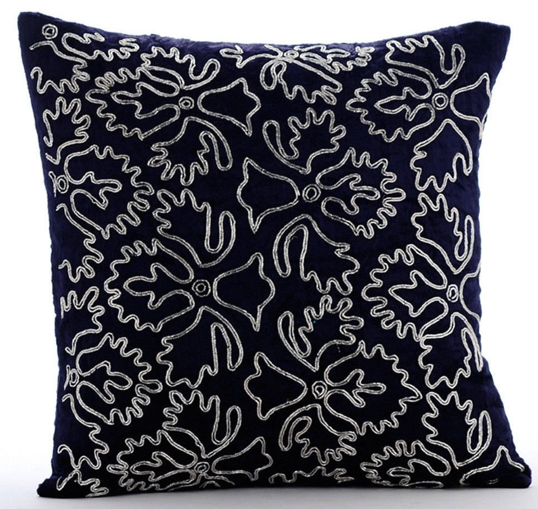 Decorative Navy Blue Bed Pillow 24"x24" / 26"x26", Velvet Throw Pillow ...