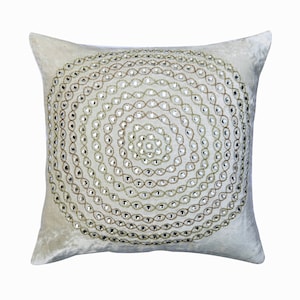 Handmade Pillow Cover 16&quot;x 16&quot;, Velvet Toss Pillow Cover Ivory Toss Cushion Circles Dots Pattern Contemporary Style - Crystal Gold String