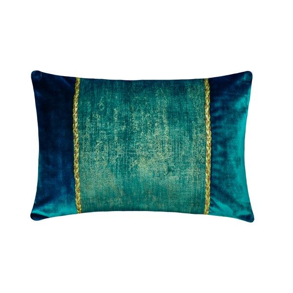 Decorative Oblong Cushion / Lumbar Pillow Cover Peacock Cyan & Gold Foil Textured Fabric with Leather Braided Cord - Resplendent Peacock