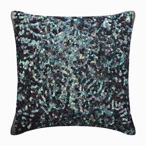Decorative Blue Euro Sham Custom 24&quot;x24&quot;/26&quot;x26&quot;, Silk Sofa Cushion, Sequins Embroidered Designer Pillow Modern Lounge Style-Dazzling Flora