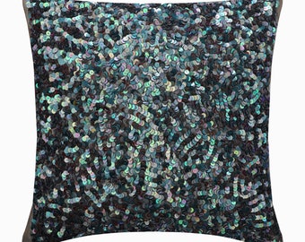 Coussin décoratif bleu Euro personnalisé 24"x24"/26"x26", coussin de canapé en soie, oreiller de créateur brodé à paillettes, style salon moderne, flore éblouissante