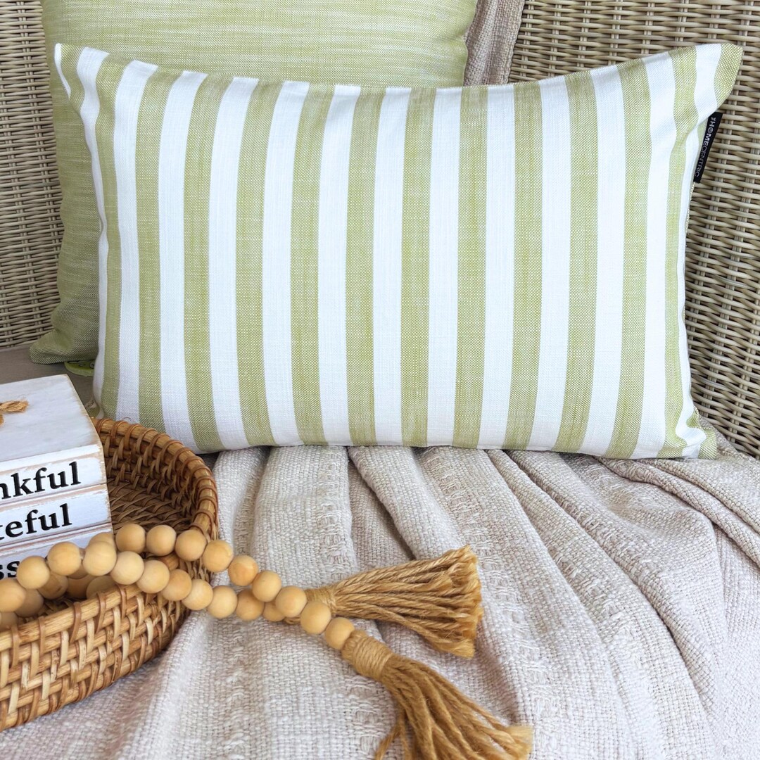 Striped Oblong Lumbar Throw Pillow Cover in Cotton Green Stripes