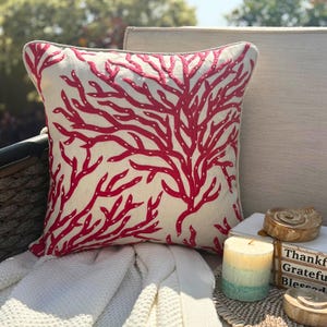 Beige/Coral Pearl Embroidered Floral Pattern, Modern Cotton Linen Throw Pillow Cover / Euro Sham - Coraline