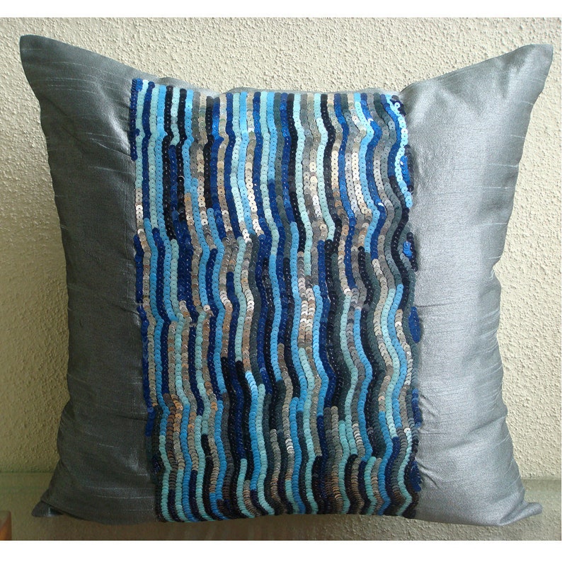 Decorative Blue European Cushion Cover 24x24 / 26x26, Art Silk Pillow Case Toss Pillow Cover Striped Pattern Modern Silver Blue Jazz image 4