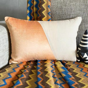 Velvet/Linen Beige Color Block Decorative Lumbar Throw Pillow Cover, Modern Patchwork Couch Accent Oblong Cushion Cover-Velutinous Beige