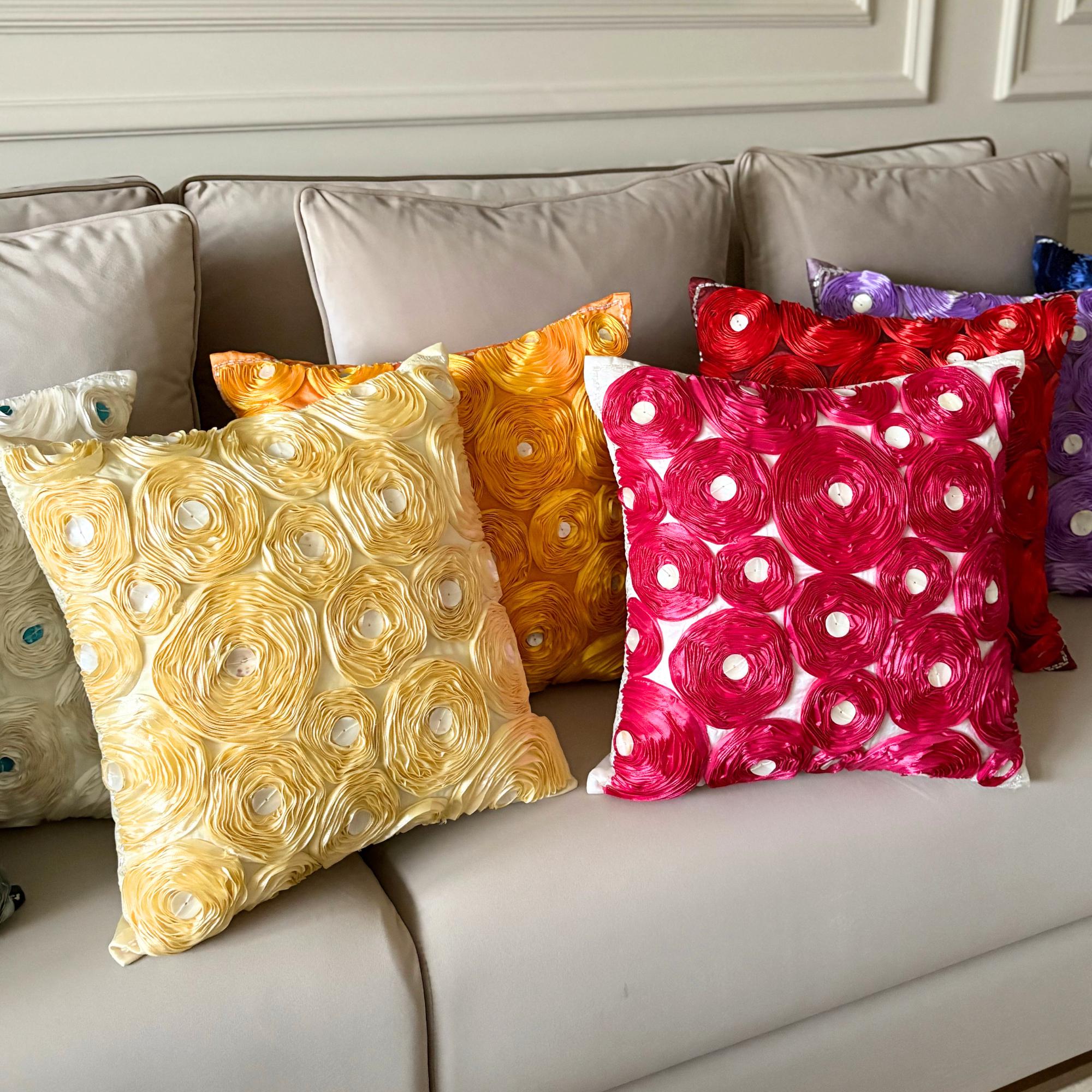 アートシルク オレンジリボン刺繍ローズ装飾クッションカバー 16インチ