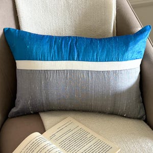 Pure Silk Decorative Lumbar Pillow Cover, Royal Blue/Grey Color Block Oblong Cushion Cover, Modern Style Pillowcase - Plush Royal Blue Silk