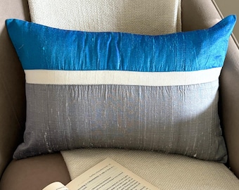 Pure Silk Decorative Lumbar Pillow Cover, Royal Blue/Grey Color Block Oblong Cushion Cover, Modern Style Pillowcase - Plush Royal Blue Silk