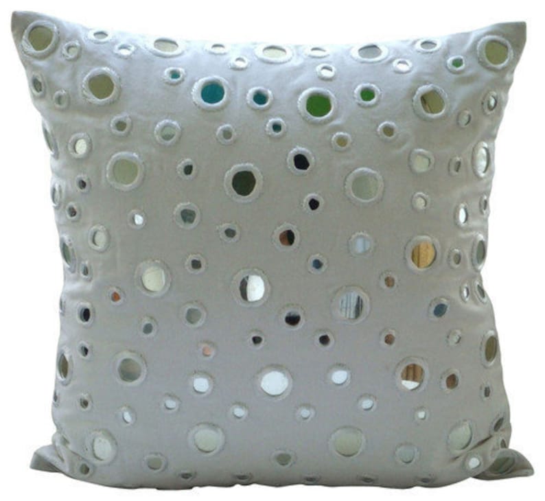 Designer White Cushion Pillow 16x16, Cotton Canvas Cushion Case Mirror Embroidery Pillow Case Cover Circles Dots White Mirrors image 1