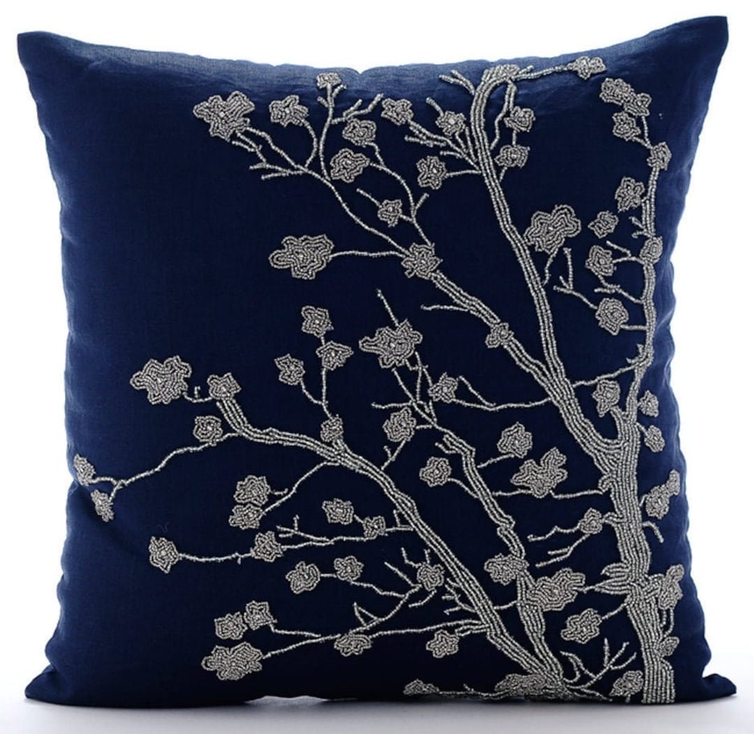 16"x16" Designer Navy Blue Throw Pillow Cover, Cotton Linen Pillow ...