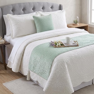 Copriletto King/Queen/Twin blu polvere/bianco con federa decorativa per cuscino, motivo jacquard a mosaico moderno - Tessellazione pastello