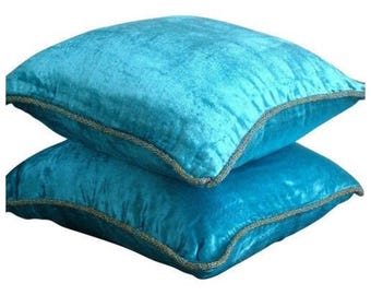 Designer Turquoise Blue Pillow for Sofa 16&quot;x16&quot;, Velvet Sofa Cushion Cover Toss Pillows Solid Color Contemporary Style - Turquoise Shimmer