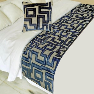 King / Queen / Twin Cut Velvet Bed Runner Pattern with Matching Throw Pillow Cover in Blue & Beige Bedroom Decor - Routed Blue