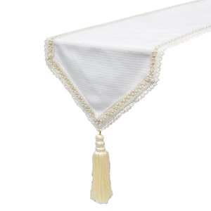 Available in 11 sizes, 4, 6, 8 or 10 seater Decorative Table Runner Ivory White Textured Fabric with Pearl Lace & Tassels Pearl Radiance image 3