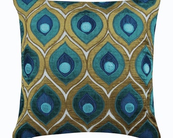 Handmade Green European Pillow 24"x24"/26"x26", Velvet Toss Pillows Peacock, Art Deco Bed Pillow Birds Pattern Modern - Art Deco Peacock