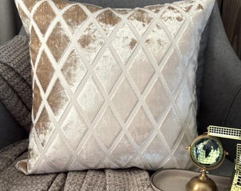 Ivory Velvet Throw Pillow Cover 16x16 Inch Geometric Modern Velvet Couch Pillow, Luxe Home Decor, Ivory Velvet Sofa Pillow - Rhombus Ivory