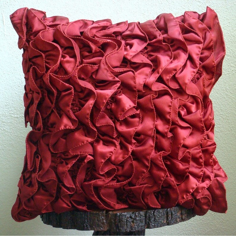 Satin Ruby Red Toss Cushion 16x16, Designer Toss Throw Pillow Ruffles Throw Pillow Solid Color Pattern Modern Style Vintage Rubys image 6
