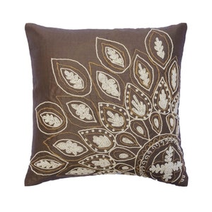 24&quot;x24&quot; / 26&quot;x26&quot; Decorative Brown Euro Sham Linen Throw Euro Sham Sofa with Jute & Pearl Embroidery Euro Sham Contemporary - Earthy Nature