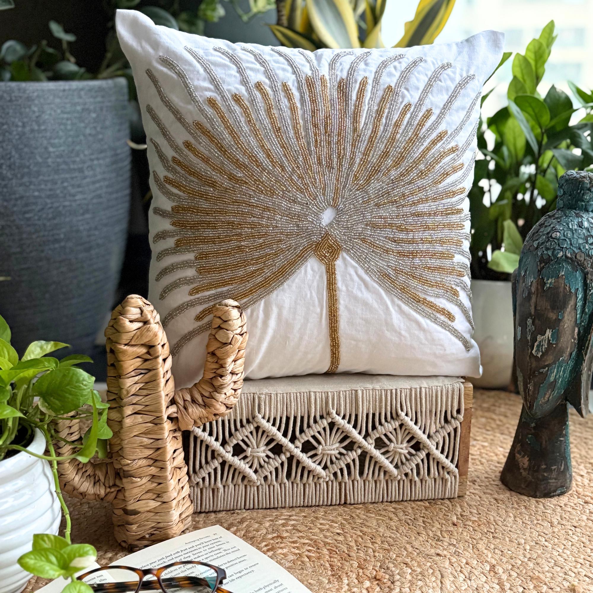Nature & Floral Pattern Beaded Ivory Art Silk Pillow Sham, 24x24