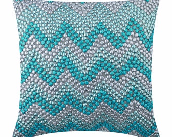 Designer Turquoise Blue Pillow Cover for Bed 24"x24" / 26"x26", Art Silk Toss Pillow Cover Toss Cushion Chevron Pattern - Turquoise Run