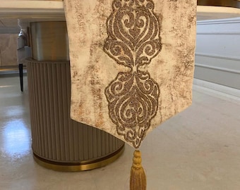 Available in 11 sizes, 36 to 120 Inches Long Decorative Table Runner Ivory / Gold Foil with Tassels Damask Beaded & Zardozi-Aurelian Royalty