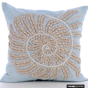 16&quot;x16&quot; Decorative Light Blue Couch Pillow Cover, Cotton Linen Pillow Cases Vintage Shell, Sea Thyme, Pearl Couch Cushion Sea - Swirl Twirl