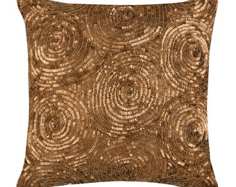 16"x16" Handmade Gold Pillow Cushion, Art Silk Pillow Case Cover Sequin Embellished Couch Throw Circles Dots Modern Style - Golden Touch